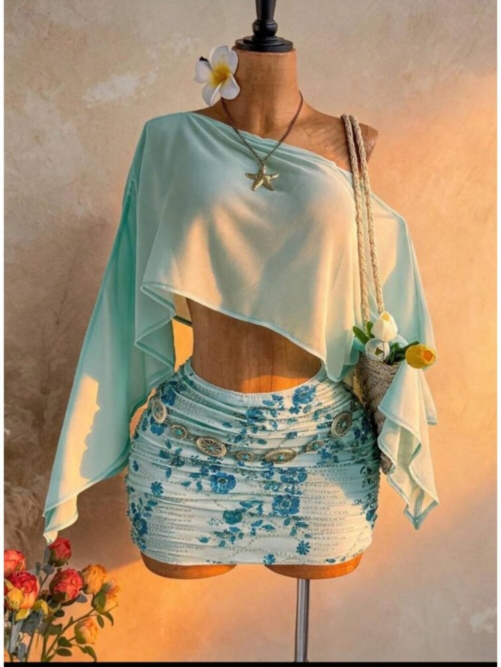 SHEIN Aqua Sequin Two-Piece Set – Size Small